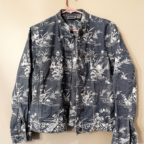 Vintage Chico’s denim and white Asian-inspired button-up jacket - Picture 1 of 7